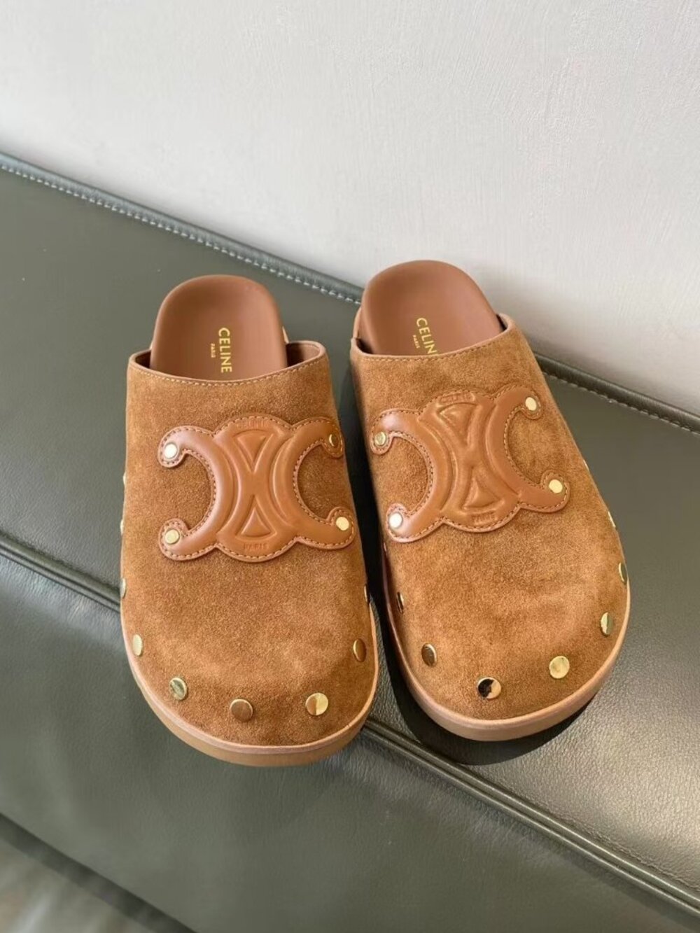 Celine Brown Suede Studded Mules